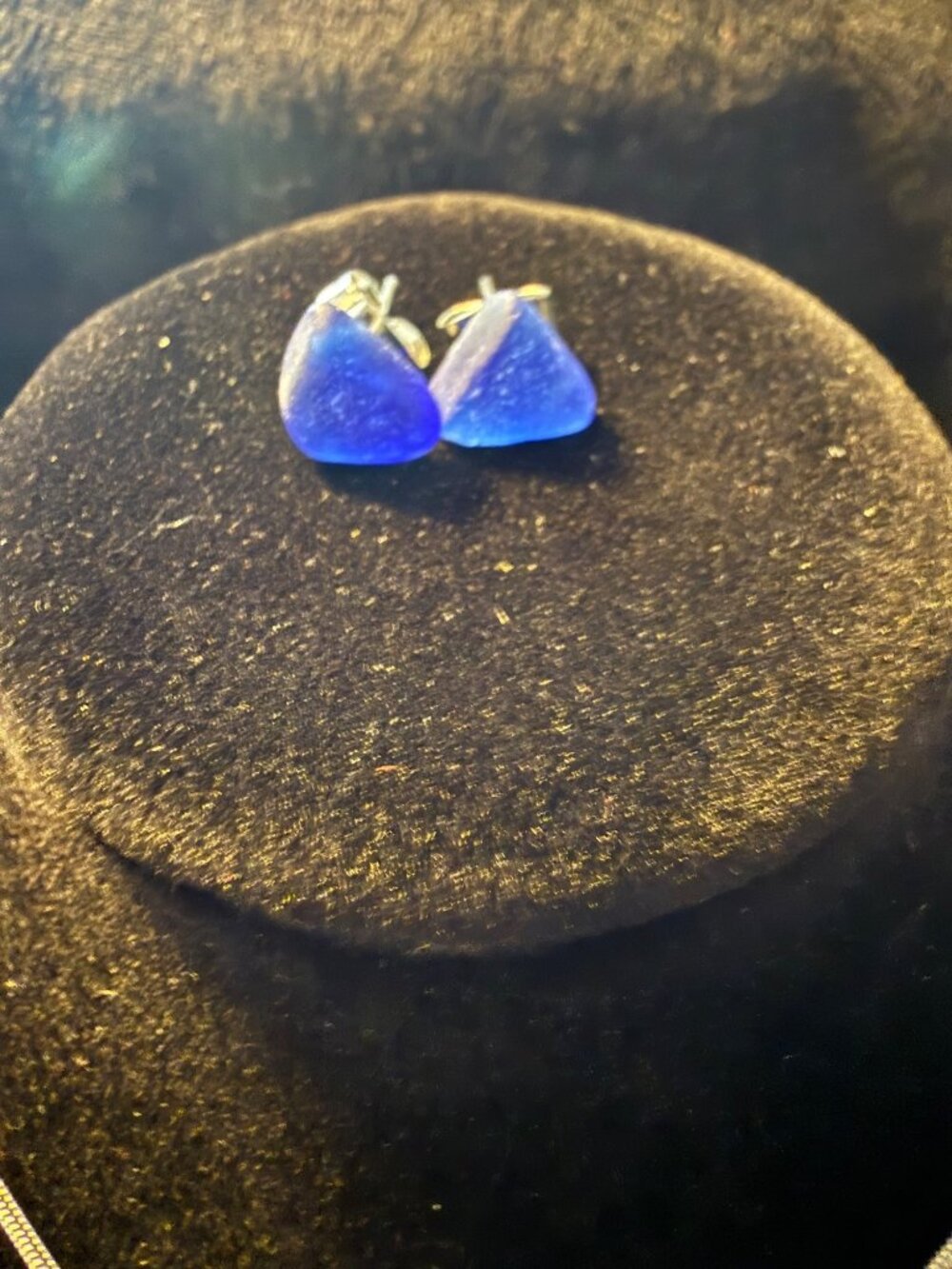 New Sea Glass Triangle Stud Earrings Rare Cobalt Blue Stainless Steel Handmade